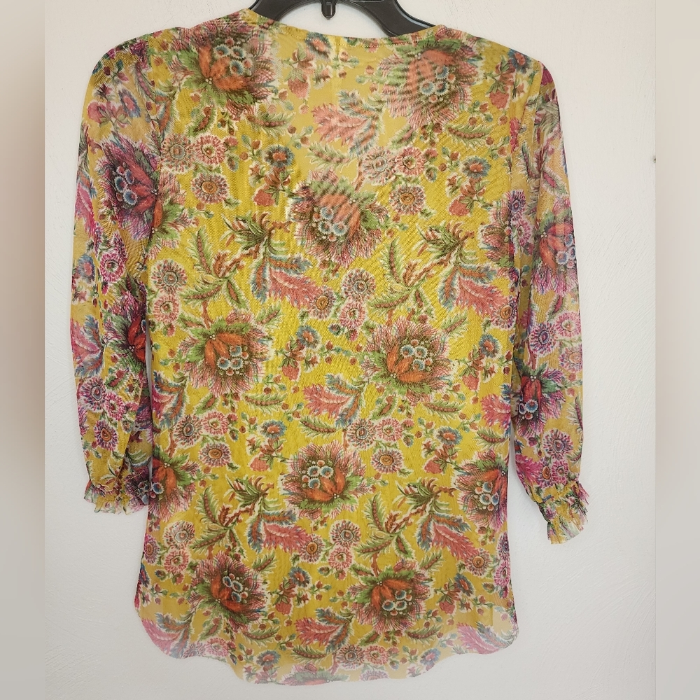 Anthropologie Gretchen V-Neck Floral Smocked Mesh Tunic Top XS Yellow Pink Boho - Picture 4 of 8
